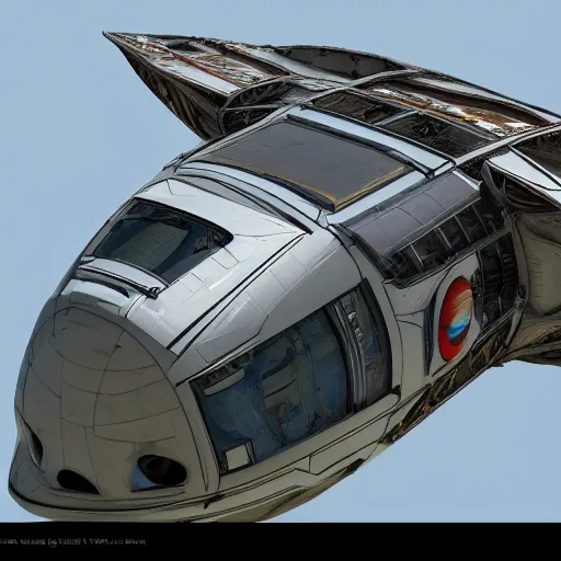 Image similar to concept design art of a spaceship made from a recycled bus, highly detailed render, photorealistic, it is flying through space
