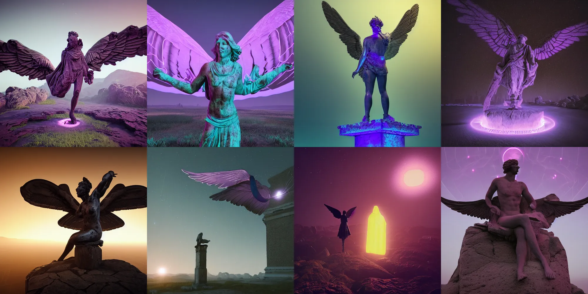 Prompt: beautiful dark landscape, old roman statue with wings, purple glowing ring, in the style of beeple and Mike Winkelmann, photo real, ultra realistic, intricate, epic lighting, 8k resolution, unreal engine 5,