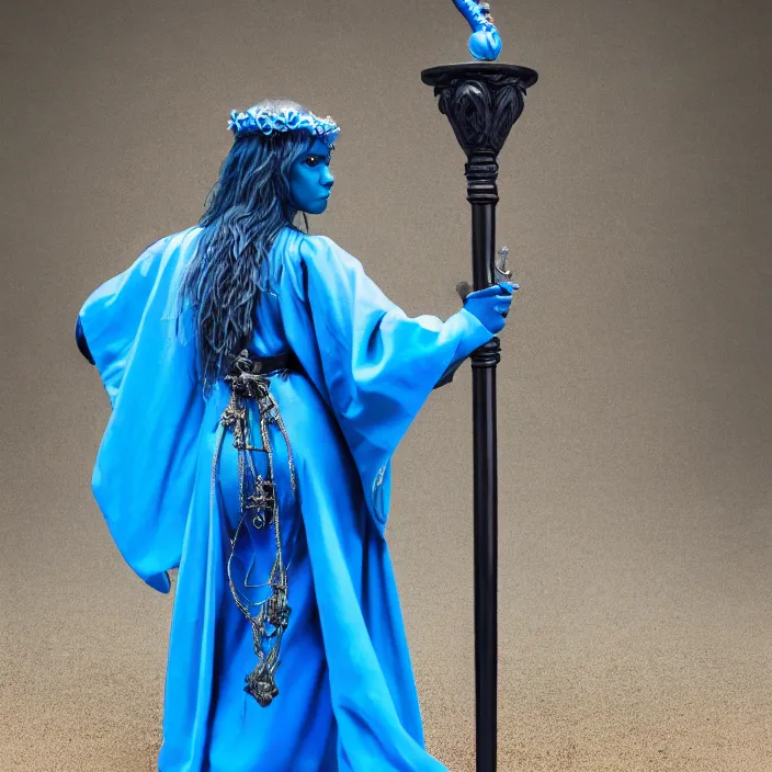 Image similar to photograph of a real-life beautiful elemental water witch with ornate blue robes and staff. Extremely detailed. 8k