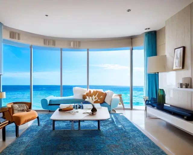 Prompt: A modern living room in a ocean hues style, ocean view, calm, relaxed style, harmony, wide angle shot, 8k resolution