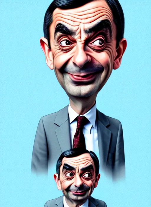 Prompt: highly detailed caricature portrait of mr bean by ross tran, by anato finnstark, brush strokes, 4 k resolution, light blue pastel background