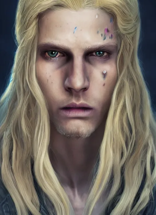 Image similar to An epic fantastic realism comic book style portrait painting of Lucius the most beautiful androgynous blond prince in the universe, long fluffy light golden blond curls of hair, porcelain pale skin, flowers rain everywhere, fisheye lens, Apex Legends Concept Art, porcelain, unreal 5, DAZ, hyperrealistic, octane render, cosplay, RPG portrait, dynamic lighting