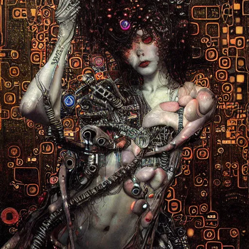 Image similar to many depraved cybernetic demon lovers trapped in circuitry, intricate detail, klimt, royo, whealan,