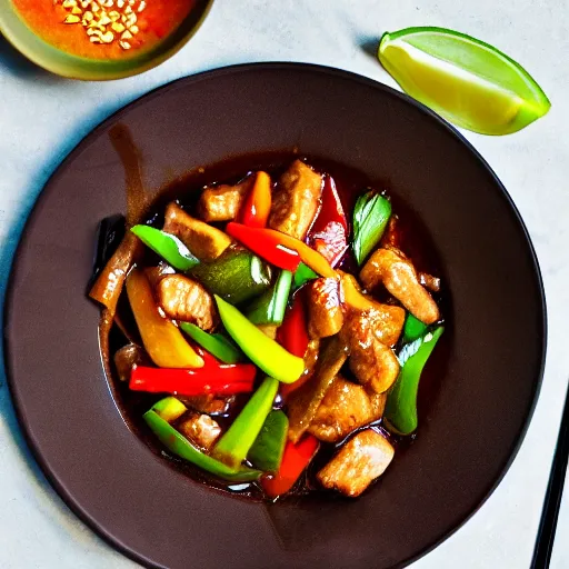 Prompt: anonymous eating dinner of thai sweet and sour pork stirfry, epic award - winning professional food photography