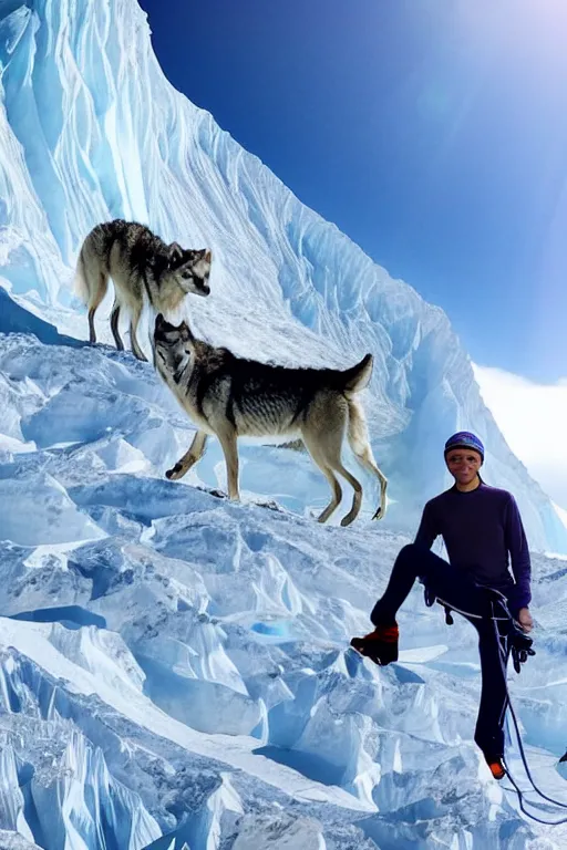 Image similar to vitalik buterin mountain climbing everest with wolves in pijamas