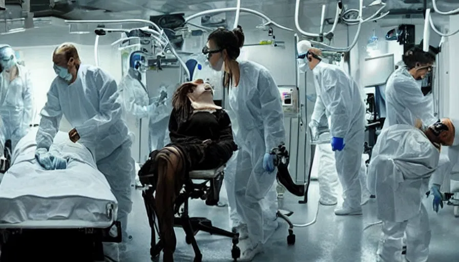 Prompt: big budget horror movie about cyborgs performing illegal organ transplants. This scene is where the beautiful female scientist first finds out about the secret medical labs hidden in the underground levels of the corporation.