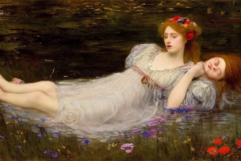 Prompt: a virtuosic portrait of a beautiful young drowned ophelia, lying floating in the dark waters of a river with closed eyes, surrounded by high green grass and many fine flowers, wearing a nicely crafted antique dress, by sir john everett millais, realistic, hyperdetailed, ethereal, sad, masterpiece, oil painting