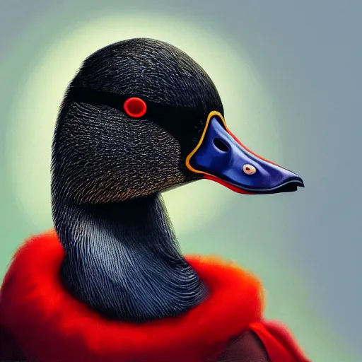 Prompt: portrait of cute mallard duck with black feathers, wearing cultist red robe, inside a castle, black feathers, glowing arcane eyes, ultra detailed, expressive oil painting digital art, octane render, trending on art station,