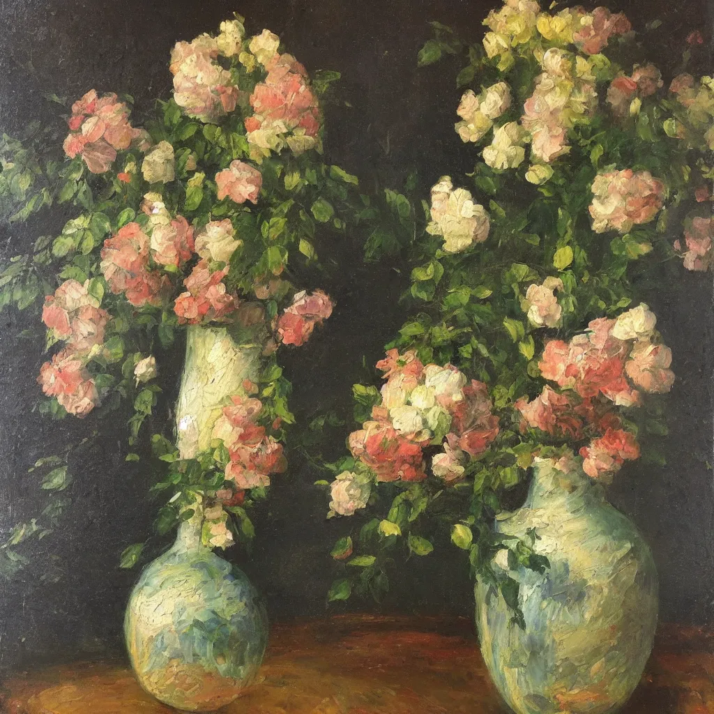 Prompt: beautiful large empty vase in a dark room with light catching on it’s shiny polished surface, no flowers,painted in the style of the old masters, painterly, thick heavy impasto, expressive impressionist style, painted with a palette knife