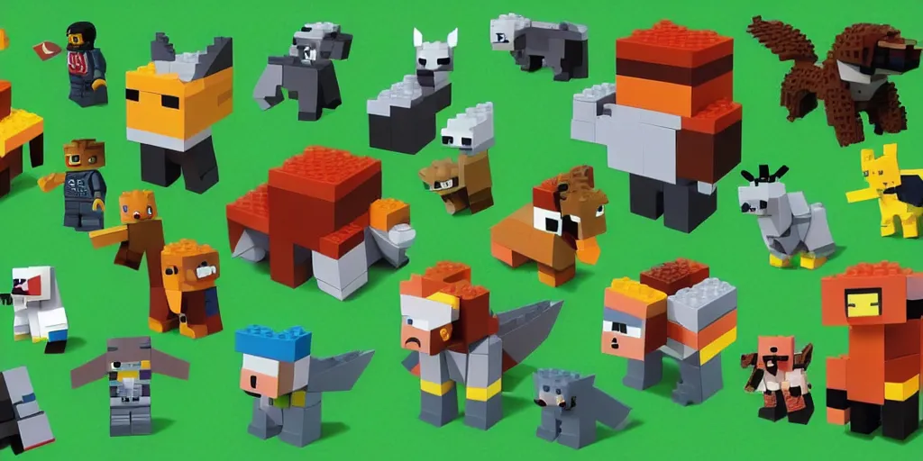 Image similar to small creatures made of a single brick, four legged, quadrupedal, cute looking, kawaii, sharp focus, character sheet, game concept art, blocky, lego mixels, japanese, flat toon style like katamari damacy inspired, pokemon inspired, blocky like minecraft, 8 k, highly detailed