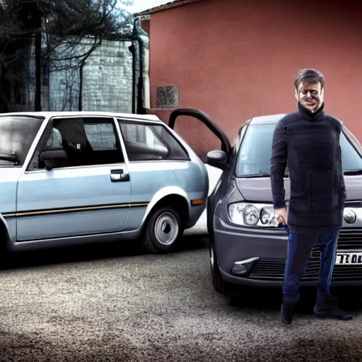 Prompt: two very very handsome male standing infront of an Fiat FSO Polonez, Realistic, HDR, 8K