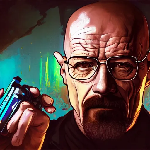 Image similar to high quality illustration, walter white realistic portrait, cyberpunk, alphonse mucha, riot game, beautiful, epic camera, alexandre bourlet, colorful background, arcane, lois van baarle, league of legend, digital painting, james jean, dynamic colors, greg rutkuwsky, artstation, concept art, neon