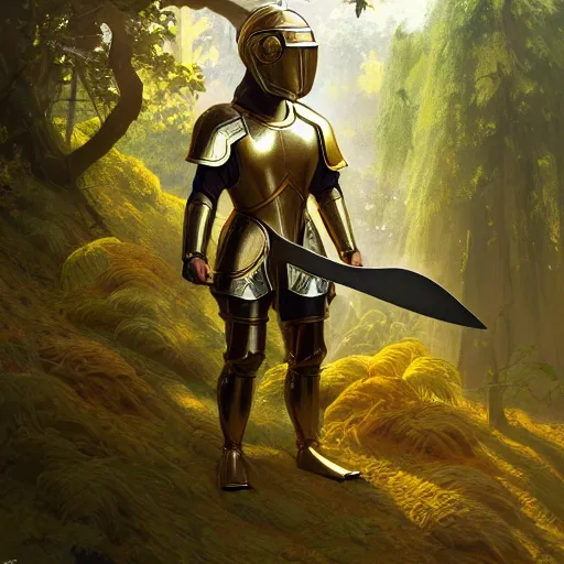 Image similar to photo of a humanoid capybara dressed in armor with a golden helmet on the head, hold sword in the forest, highly detailed, digital painting, artstation, smooth, sharp focus, illustration, art by artgerm and greg rutkowski and alphonse mucha