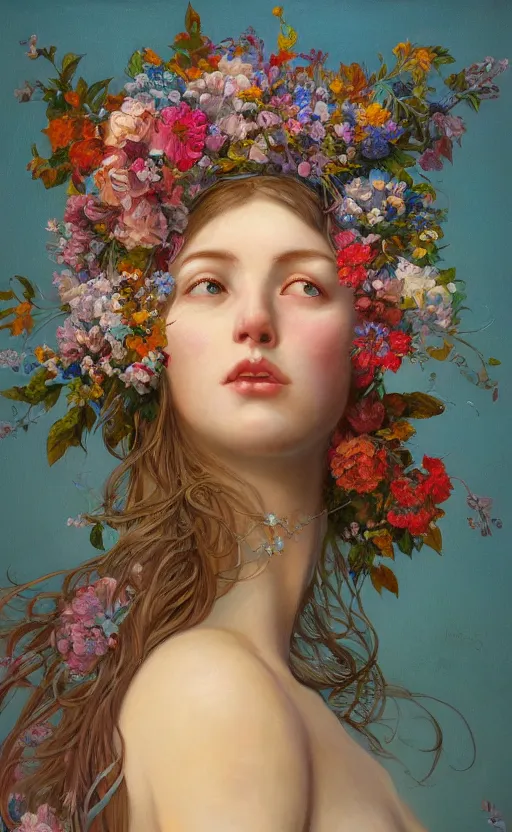 Image similar to a oil painting hyperrealism of a beautiful woman on a white background, flowers, painted by mucha, floral headdress, 8 k resolution, octane render, trending on artstation, volumetric light 2 blue fractal thunder glow by dan mumford, anaglyph effect, laurie lipton