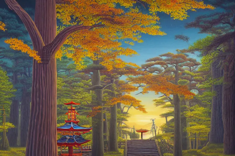 Prompt: a painting in the style of rob gonsalves of a beautiful large shinto shrine with a torii in a natural setting, soft lighting, seasonal weather, in a parallel universe