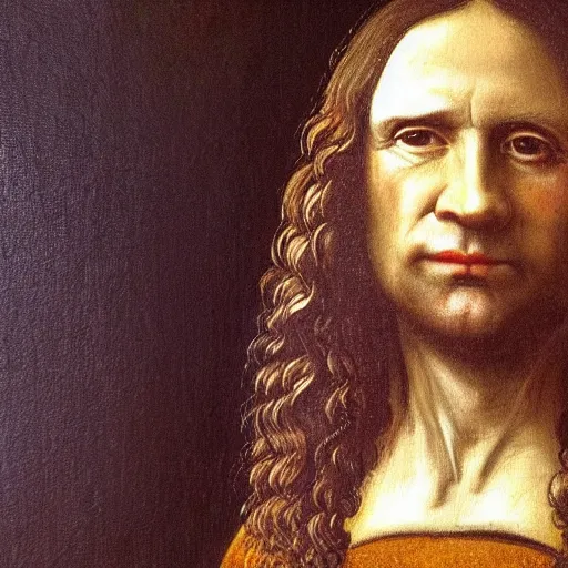 Prompt: Portrait of Joe Biden with long hair in the style of Da vinci, oil painting
