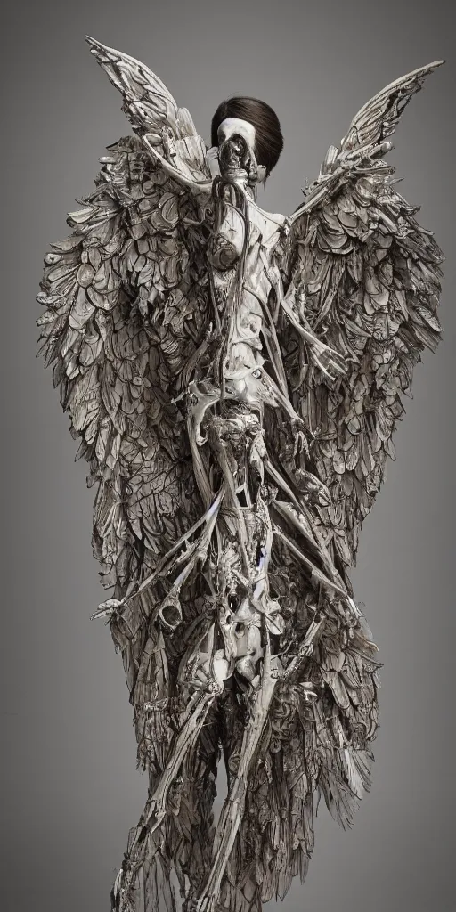 Image similar to inside of bird angel anatomy, highly detailed sculpture, anatomical, ommatidia, post - processing, intricate detailed, dom qwek, darren bartley, james jean