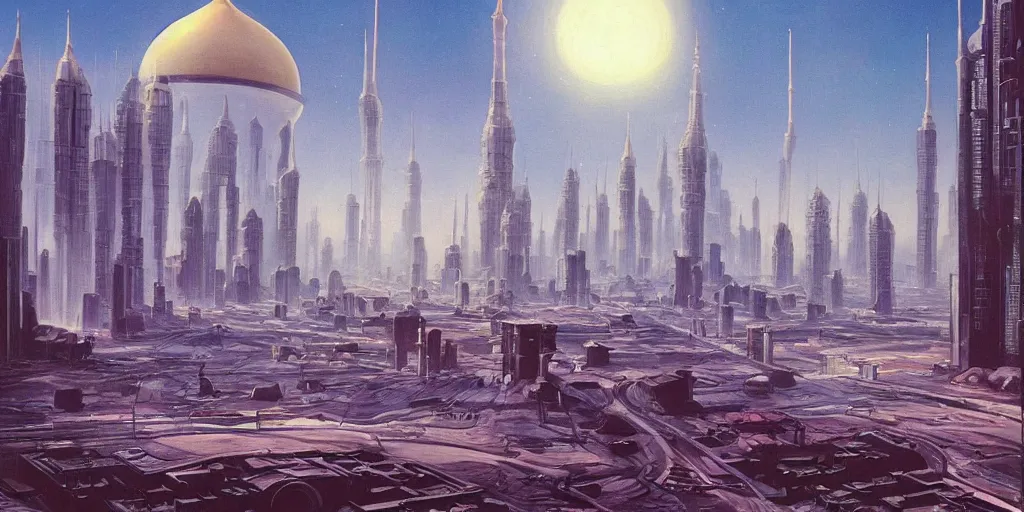 Image similar to a beautiful painting of futuristic islamic city with dome and croweded street alot of people by angus mckie, trending on artstation