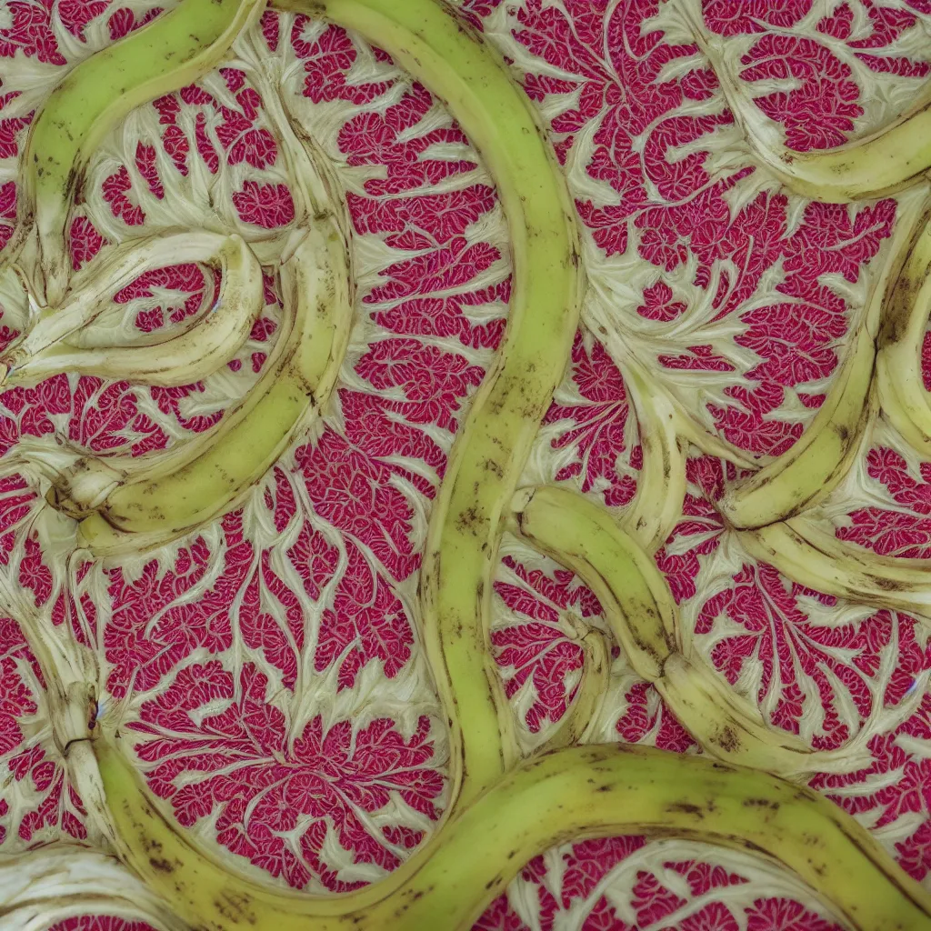 Image similar to fractal bananas that grow like coral, inside art nouveau embroidered plate with petal shape. closeup, hyper real, food photography, high quality