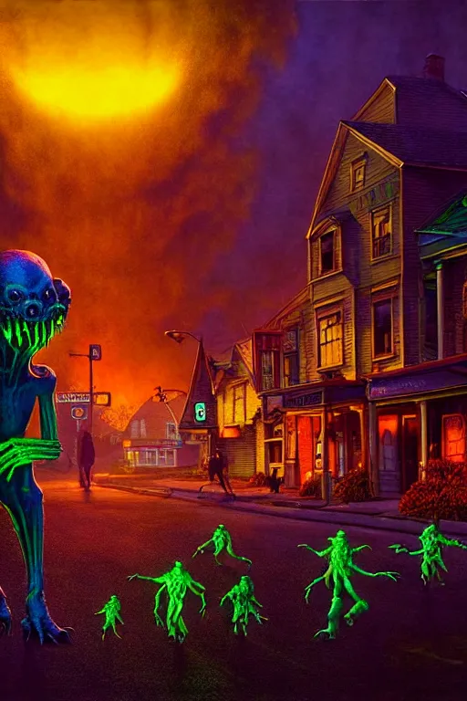 Image similar to a hyperrealistic vray rendering of a quiet autumn town being invaded by glowing ugly toxic dangerous monsters in the night, cinematic horror by chris cunningham, lisa frank, richard corben, highly detailed, vivid color,