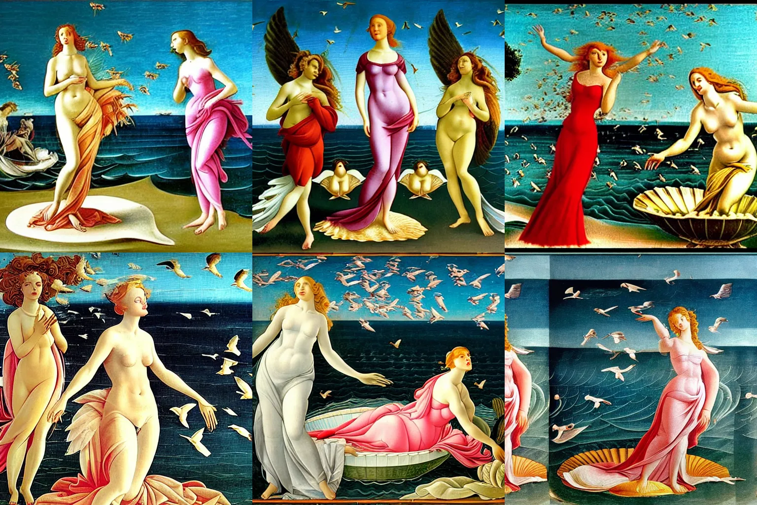 Prompt: a scene from the birds of hitchcock in the style of the birth of venus of botticelli where a swarm of birds attack grace kelly standing on a shell in front of the sea like venus in birth of venus. technicolor, cinematic, 5 0 mm