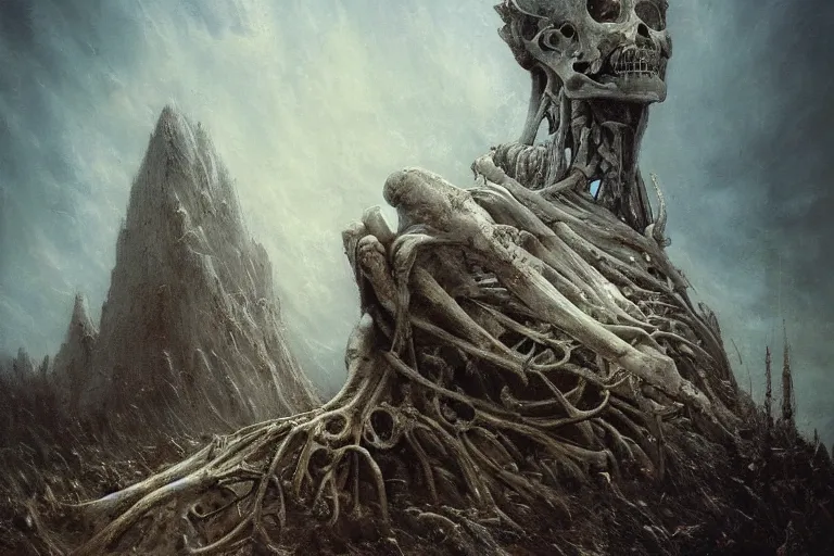 Prompt: prophecy, gnostic atmosphere, amazing concept painting by Jessica Rossier and HR giger and Beksinski, the middle of a valley; it was full of bones, bones that were very dry, there was a noise, a rattling sound, and the bones came together, bone to bone , I looked, and tendons and flesh appeared on them and skin covered them, but there was no breath in them and breath entered them, they came to life and stood up on their feet a vast army