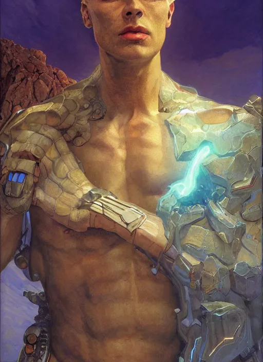 Image similar to biblical mage android snake, deep gaze to the side, closeup, bright glowing veins, in clouds, sunset, portrait, by gerald brom, by mikhail vrubel, by peter elson, muted colors, extreme detail, reflections, trending on artstation, 8 k