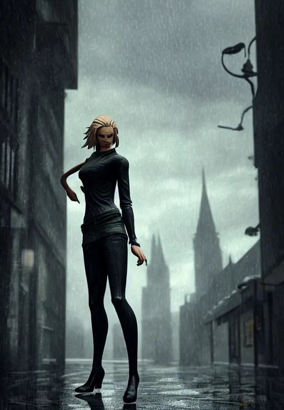 Image similar to cosmopolitan model annie leonhart posing with open toe heels in dunwall city, beautiful face, detailed face, realistic eyes, cinematic lighting, rainy weather, melancholy atmosphere, volumetric light, octane render, gothic architecture, realistic reflections, model agency, instagram photo, depression and despair