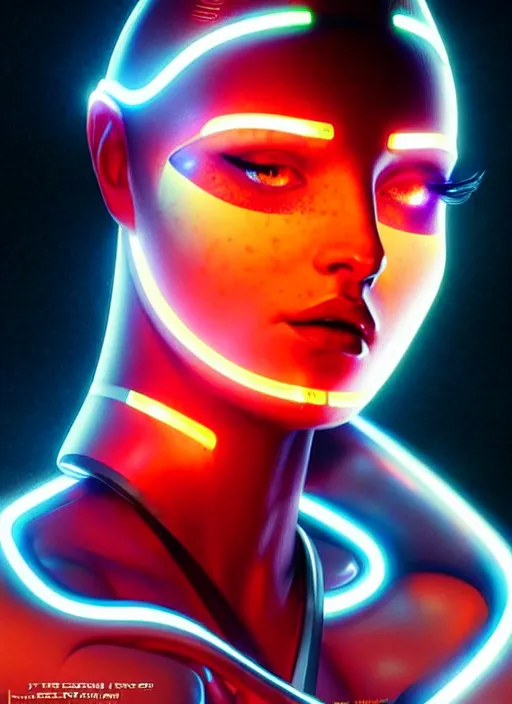 Prompt: a sensual female humanoid with freckles cheeks, futurism, cyber neon lighting, detailed futuristic jewelry, futuristic glossy latex suit, profile posing, hyper photorealistic, crispy quality, digital photography, trending in pinterest, cinematic, 4 k ultra hd, art by pascal blanche, art by greg rutkowski, art by artgerm,