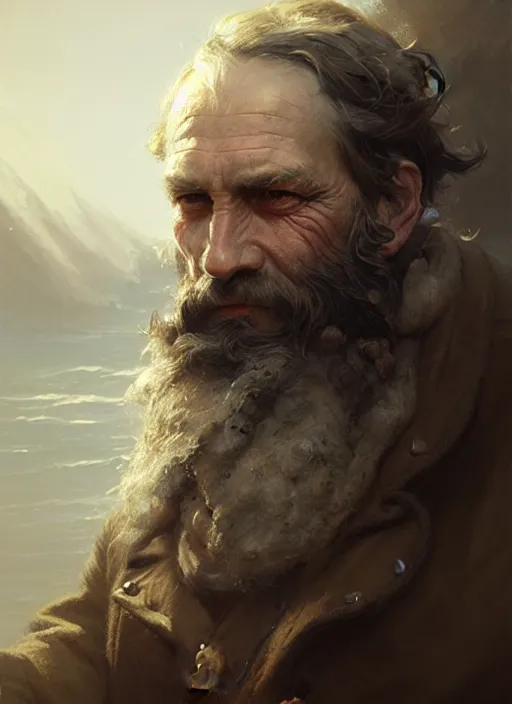 Image similar to portrait of a rugged sea captain, victorian, concept art, detailed face, fantasy, close up face, highly detailed, cinematic lighting, digital art painting by greg rutkowski