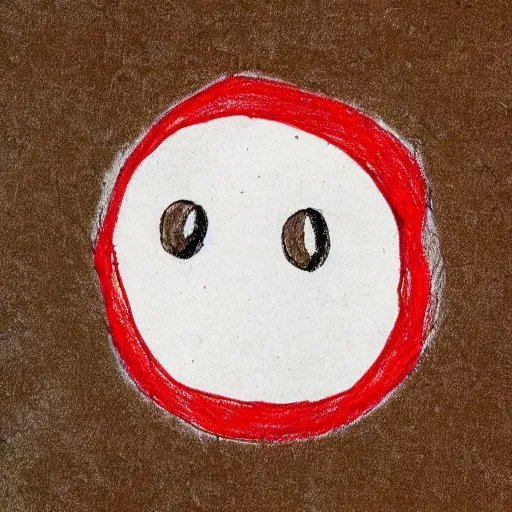 Image similar to primitive drawing of smiling circle face with thumb up hand and red eyes.