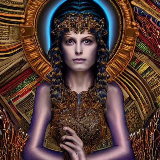 Prompt: 3 d goddess minerva, medium shot portrait. beautiful hyperrealistic intricate highly detailed and richly embroidered with esoteric symbols gown, surrounded by stacks of books bioluminescent, curious, plasma, 4 k surrealism