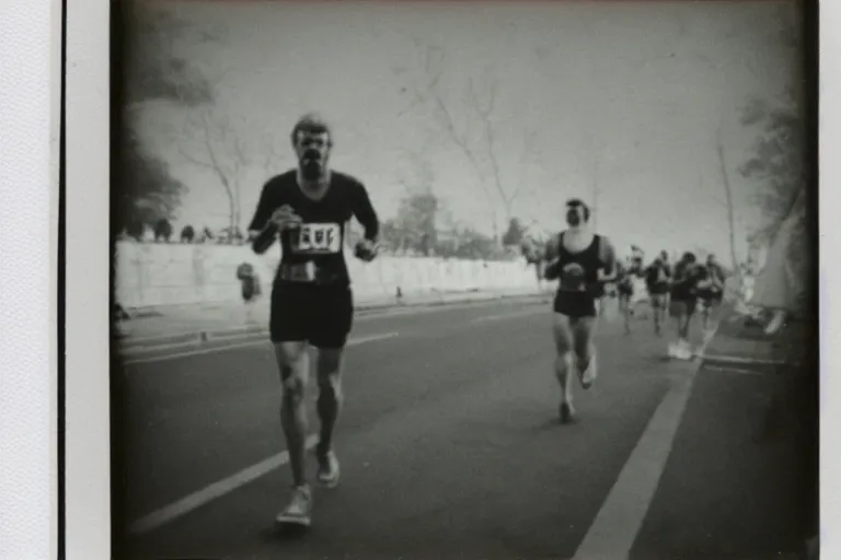 Prompt: dark old polaroid of a sad man running a marathon