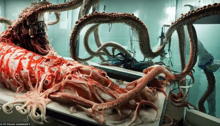 Image similar to Big budget horror movie: in an undersea biolab, a cyborg does an autopsy while being watched by a giant squid