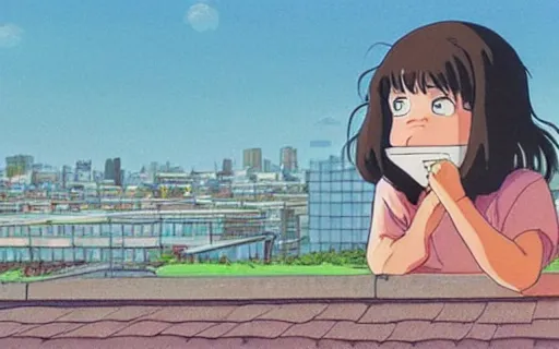 Image similar to a girl sitting on the roof of a building eating a sandwich, zoomed out, art by hayao miyazaki, studio ghibli film,