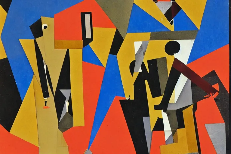Image similar to Two figures facing camera, they are fighting very angry, Chaotic, paper collage, style of Juan Gris, abstract