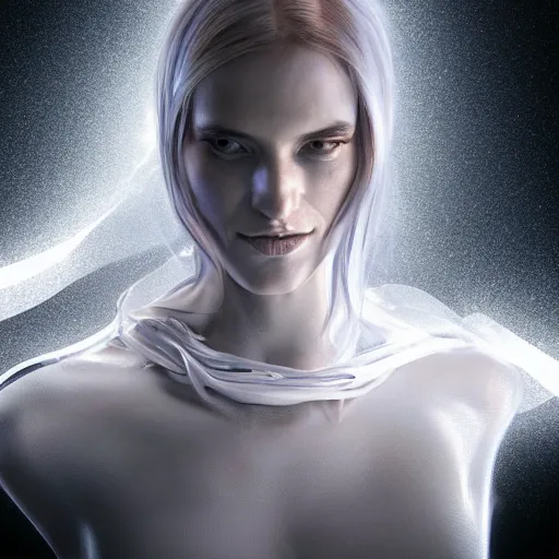 Prompt: a highly detalied digital image of a shattering futuristic woman elegantly tangled in white linen, by Andrew Chiampo, artstation, and Frederik Heyman, extremely detailed woman, stunning volumetric lighting, hyper realism, fantasy 4k