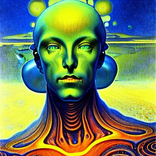 Image similar to realistic extremely detailed portrait painting of a glowing male silhouette, futuristic sci-fi landscape on background by Jean Delville, Amano, Yves Tanguy, Alphonse Mucha, Ernst Haeckel, Edward Robert Hughes, Roger Dean, rich moody colours, blue eyes