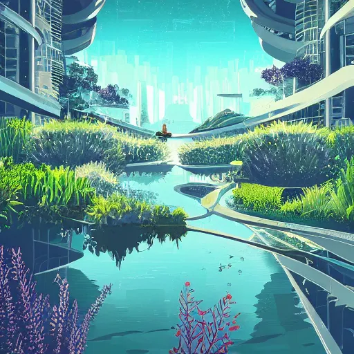 Image similar to beautiful happy picturesque charming organic futuristic sci - fi town in harmony with nature. water and plants. beautiful light. grainy and rough. soft colour scheme. beautiful artistic vector graphic design art by lurid. ( 2 0 2 2 )