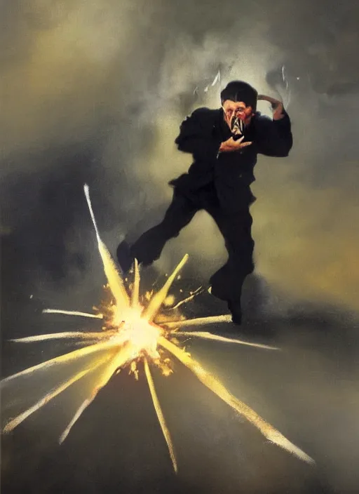 Image similar to hitler, suicide, crying, muzzle flash, funny painting by phil hale, fransico goya,'action lines '!!!, graphic style, visible brushstrokes, motion blur, blurry, visible paint texture, crisp hd image