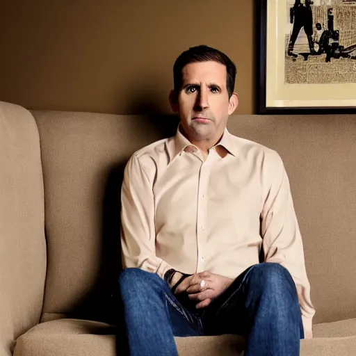 Image similar to full body photo of michael scott, mature male, mysterious face. he is sitting gracefully on a sofa, elegant slim beige shirt, tight shirt, bally belly