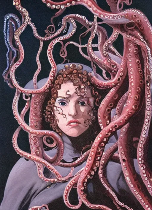 Image similar to 1978 film still from an Italian horror film of a wealthy young woman in her school uniform as the Queen of slimy tentacles clothed completely in silk looking at you intensely with seductively serious eyes while being consumed slowlyby the sadist Squid Devil. ultra detailed painting at 16K resolution and epic visuals. epically surreally beautiful image. amazing effect, image looks crazily crisp as far as it's visual fidelity goes, absolutely outstanding. vivid clarity. ultra. iridescent. mind-breaking. mega-beautiful pencil shadowing. beautiful face. Ultra High Definition. process twice.