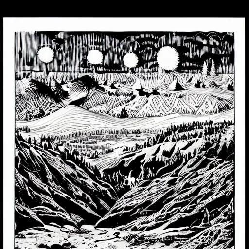 Image similar to symmetrical fantasy landscape, line art, engraving illustration by charlie adlard, b & w