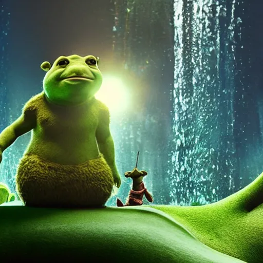 Prompt: Kanye West riding an aligator, next to (Shrek), splash art, movie still, cinematic lighting, dramatic, octane render, long lens, shallow depth of field, bokeh, anamorphic lens flare, 8k, hyper detailed, 35mm film grain