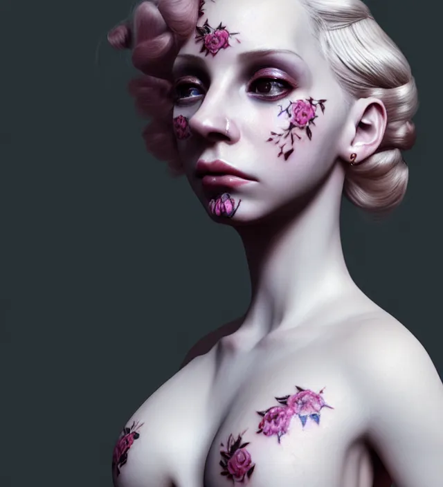 Image similar to baroque portrait of a blonde princess of porceline skin, floral tattoos, cinematic lighting, photorealistic, octane render, 8 k, depth of field, art by francis bacon