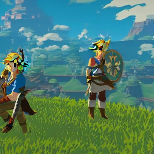 Image similar to a screencap of the legend of zelda breath of the wild, of goku in breath of the wild