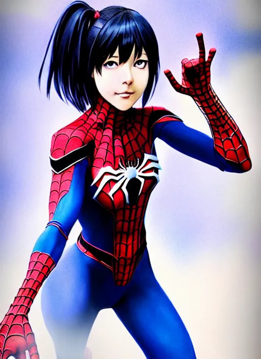 Image similar to full-body portrait Anime spiderman cosplay girl cute-fine-face, pretty face, realistic shaded Perfect face, fine details. Anime. realistic shaded lighting by katsuhiro otomo ghost-in-the-shell, magali villeneuve, artgerm, rutkowski Jeremy Lipkin and Giuseppe Dangelico Pino and Michael Garmash and Rob Rey