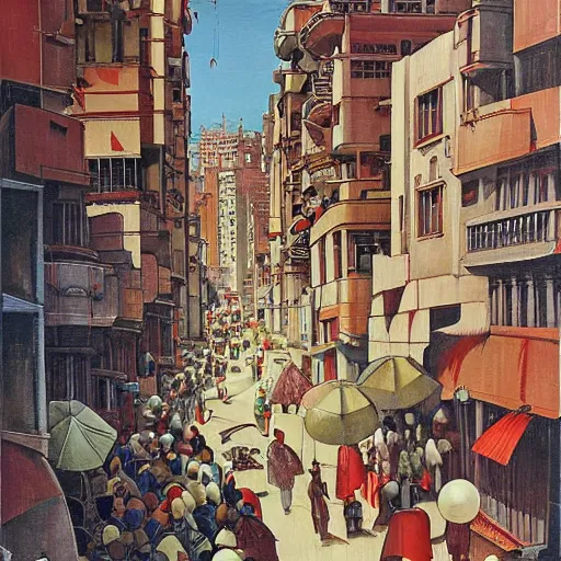 Image similar to art deco streets of the Undying Empire city of ya-Sattra during the Festival of Masks, award-winning realistic painting by Beszinski, Bruegel, and Yoshitaka Amano