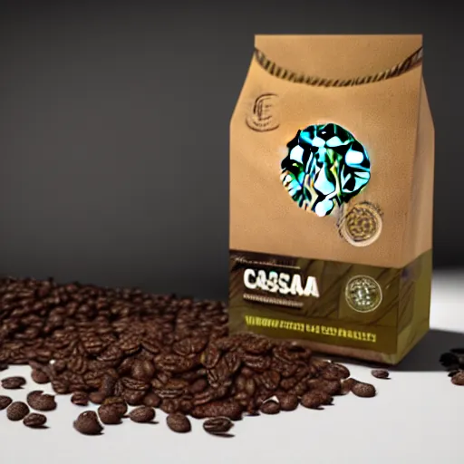 Image similar to Cascara Coffee, New Starbucks coffee bag, package design, 3d 8k render, realism, cgi render by product marketing, white background