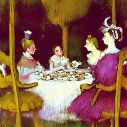 Prompt: “Alice at a tea party by Edgar Degas, Alice in Wonderland, realism”